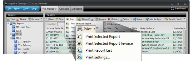 Print individual pages like the invoice or order form, and your list of reports without opening your file.